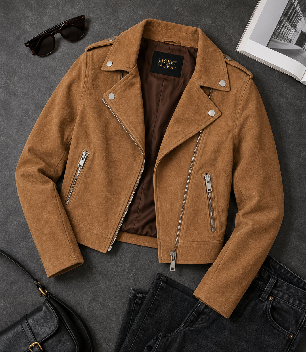 Women's Cropped Brown Suede Moto Jacket Front View - Jacket Aura