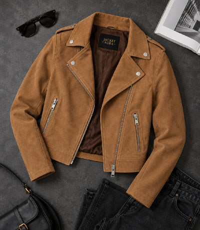 Women's Cropped Brown Suede Moto Jacket Front View - Jacket Aura