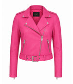 Women's Cropped Pink Biker Leather Jacket - Jacket Aura