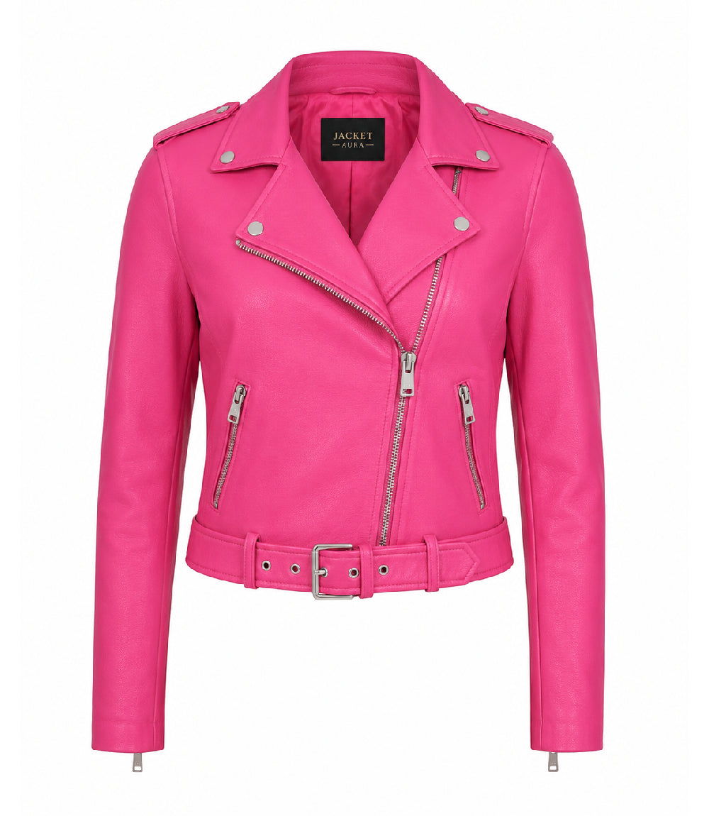Women's Cropped Pink Biker Leather Jacket - Jacket Aura