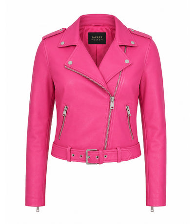 Women's Cropped Pink Biker Leather Jacket - Jacket Aura