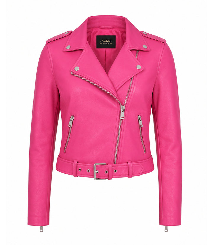 Women's Cropped Pink Biker Leather Jacket - Jacket Aura