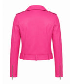 Women's Cropped Pink Biker Leather Jacket Back - Jacket Aura