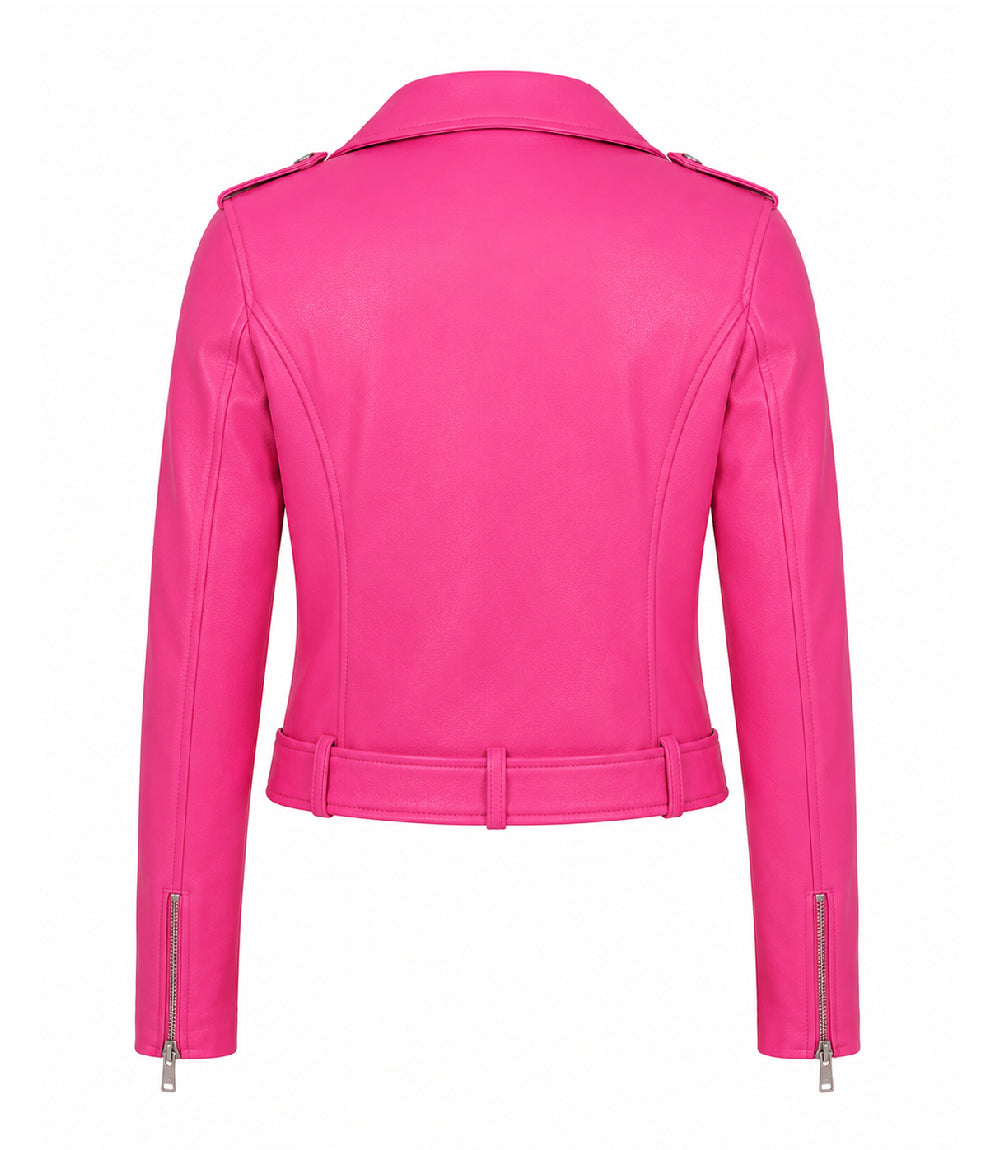 Women's Cropped Pink Biker Leather Jacket Back - Jacket Aura