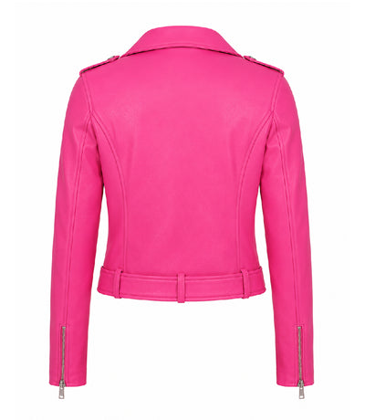 Women's Cropped Pink Biker Leather Jacket Back - Jacket Aura