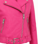 Women's Cropped Pink Biker Leather Jacket Closeup - Jacket Aura