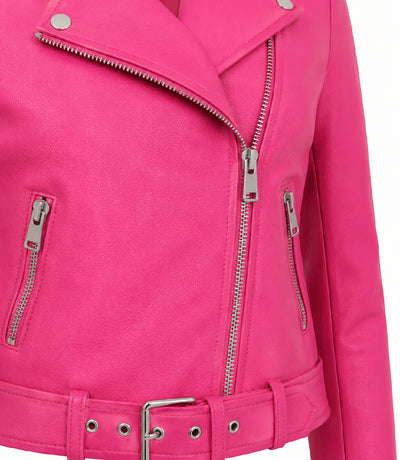 Women's Cropped Pink Biker Leather Jacket Closeup - Jacket Aura