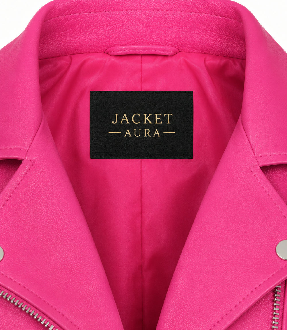 Women's Cropped Pink Biker Leather Jacket Collar - Jacket Aura
