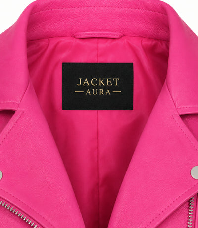 Women's Cropped Pink Biker Leather Jacket Collar - Jacket Aura