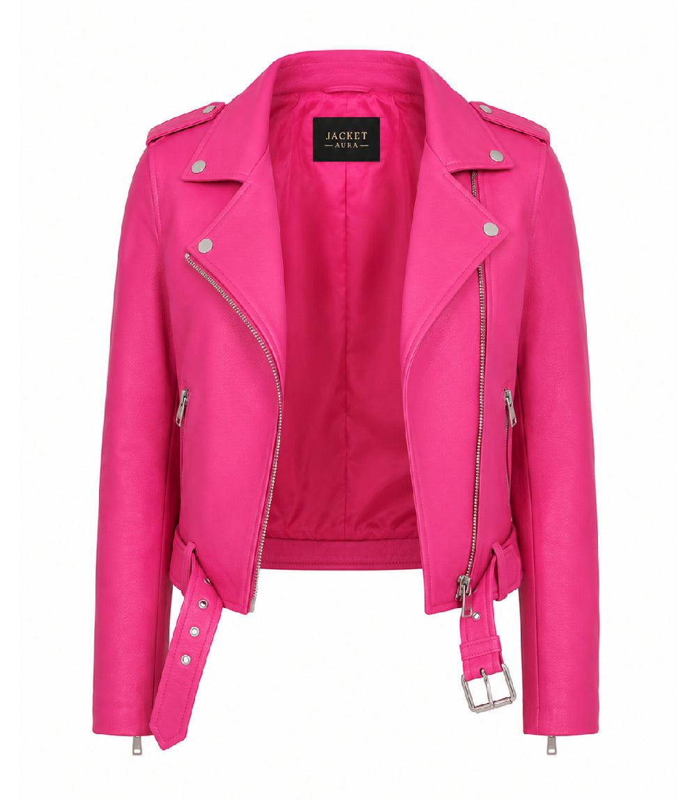 Women's Cropped Pink Biker Leather Jacket Front - Jacket Aura