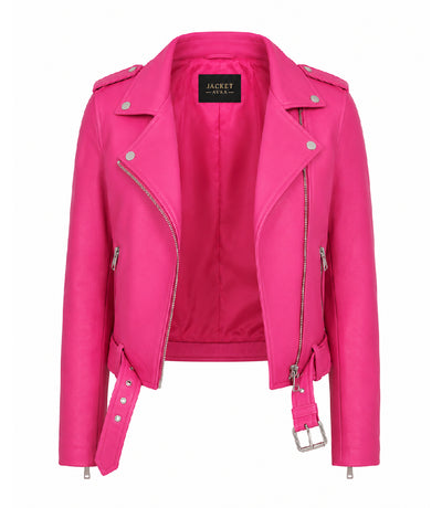 Women's Cropped Pink Biker Leather Jacket Front - Jacket Aura
