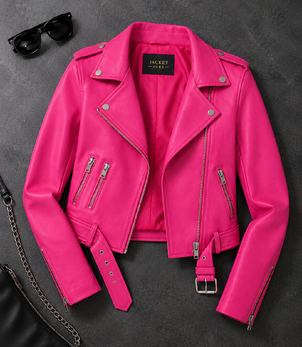 Women's Cropped Pink Biker Leather Jacket Front View - Jacket Aura
