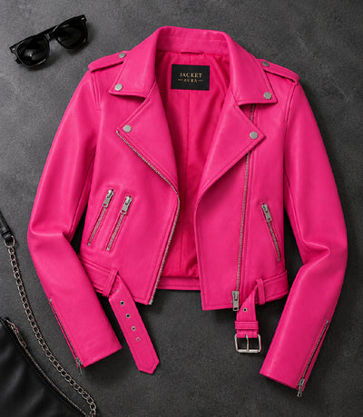 Women's Cropped Pink Biker Leather Jacket Front View - Jacket Aura