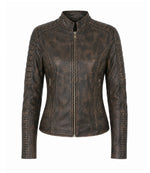 Women's Distressed Brown Quilted Biker Jacket - Jacket Aura