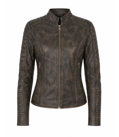 Women's Distressed Brown Quilted Biker Jacket - Jacket Aura