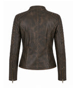 Women's Distressed Brown Quilted Biker Jacket Back - Jacket Aura