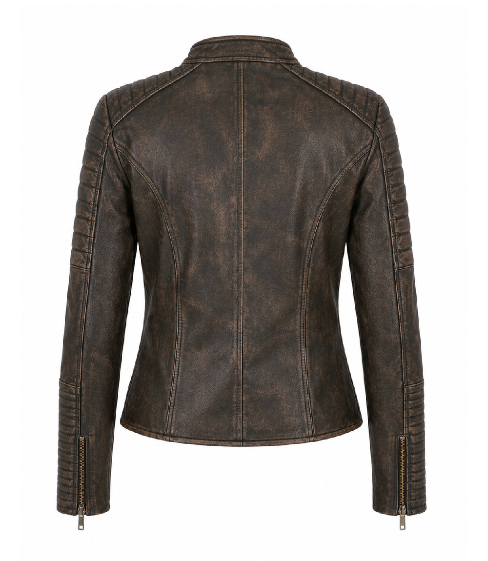 Women's Distressed Brown Quilted Biker Jacket Back - Jacket Aura
