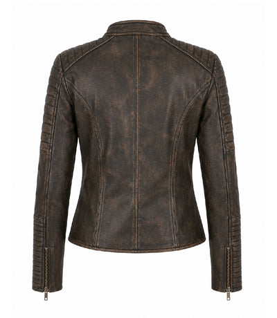 Women's Distressed Brown Quilted Biker Jacket Back - Jacket Aura