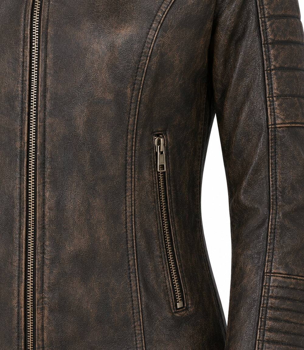 Women's Distressed Brown Quilted Biker Jacket Closeup - Jacket Aura