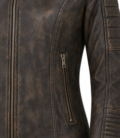 Women's Distressed Brown Quilted Biker Jacket Closeup - Jacket Aura