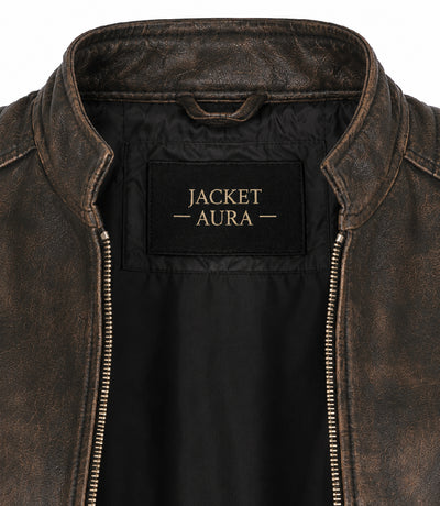 Women's Distressed Brown Quilted Biker Jacket Collar - Jacket Aura