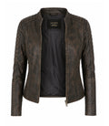 Women's Distressed Brown Quilted Biker Jacket Front - Jacket Aura