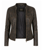 Women's Distressed Brown Quilted Biker Jacket Front - Jacket Aura