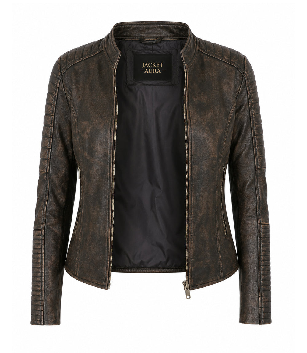 Women's Distressed Brown Quilted Biker Jacket Front - Jacket Aura