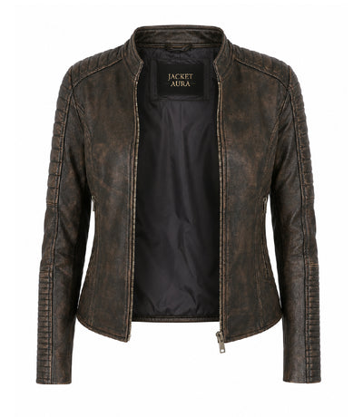 Women's Distressed Brown Quilted Biker Jacket Front - Jacket Aura