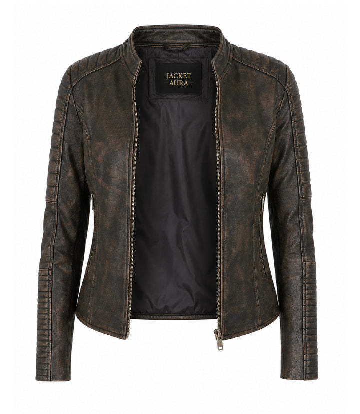 Women's Distressed Brown Quilted Biker Jacket Front - Jacket Aura