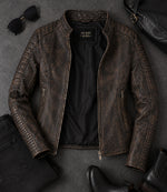 Women's Distressed Brown Quilted Biker Jacket Front View - Jacket Aura