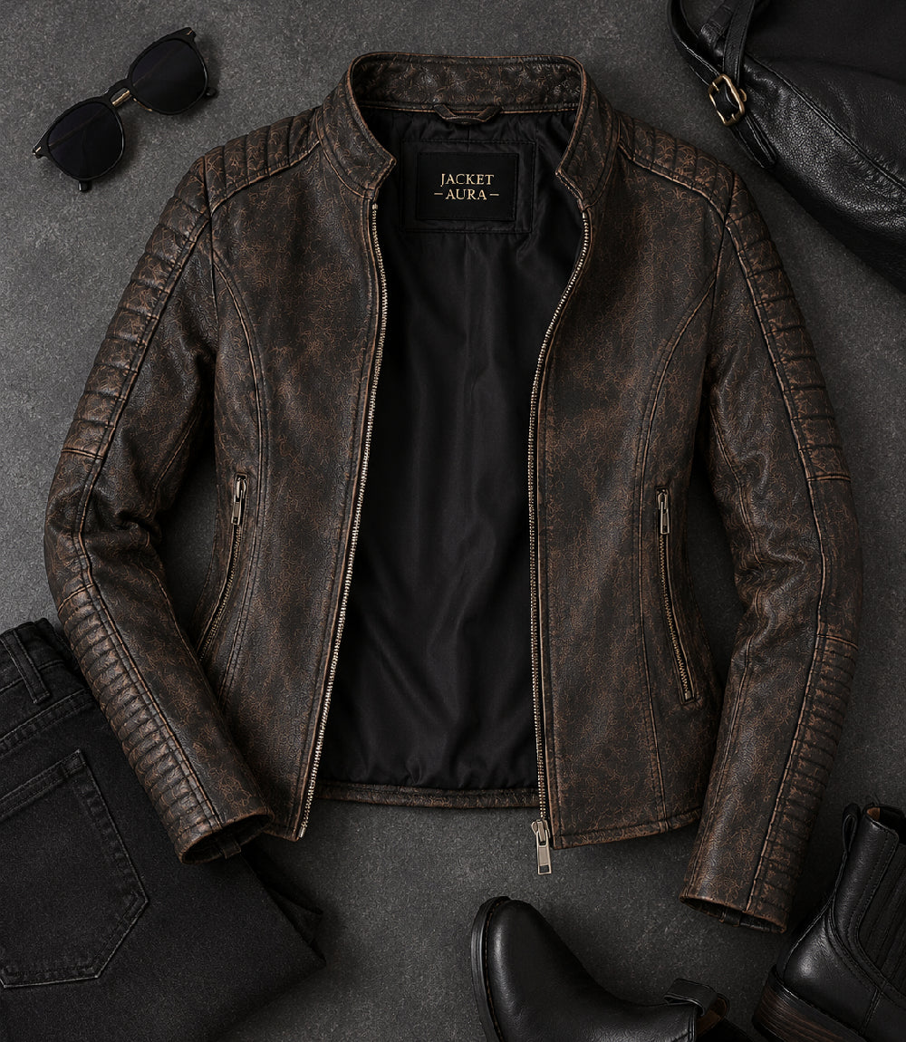 Women's Distressed Brown Quilted Biker Jacket Front View - Jacket Aura