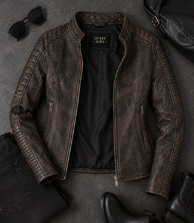 Women's Distressed Brown Quilted Biker Jacket Front View - Jacket Aura