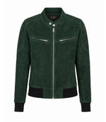 Women's Forest Green Suede Bomber Jacket - Jacket Aura