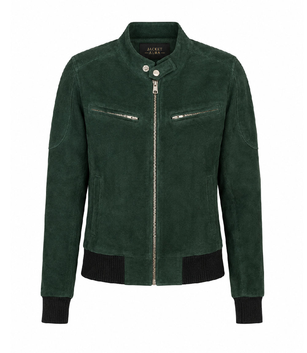 Women's Forest Green Suede Bomber Jacket - Jacket Aura
