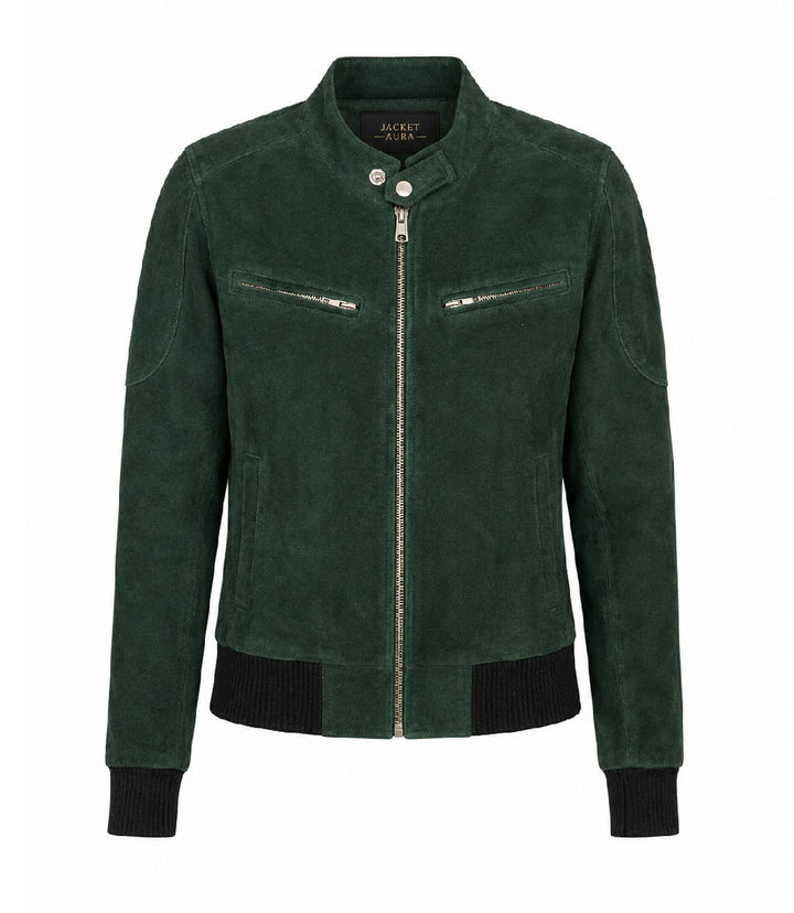 Women's Forest Green Suede Bomber Jacket - Jacket Aura