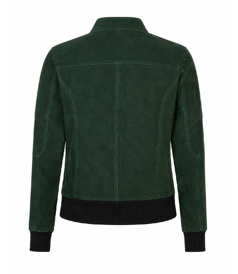 Women's Forest Green Suede Bomber Jacket Back - Jacket Aura