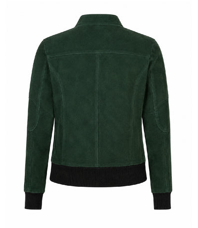 Women's Forest Green Suede Bomber Jacket Back - Jacket Aura