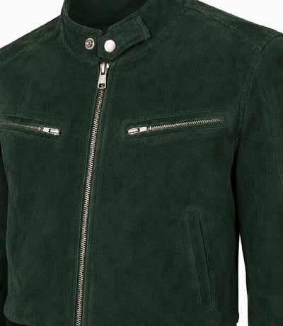 Women's Forest Green Suede Bomber Jacket Closeup - Jacket Aura