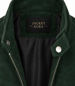 Women's Forest Green Suede Bomber Jacket Collar - Jacket Aura