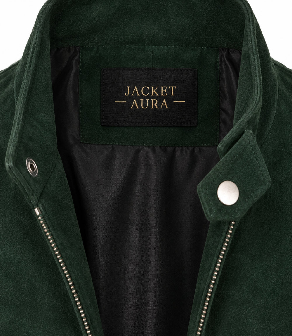 Women's Forest Green Suede Bomber Jacket Collar - Jacket Aura