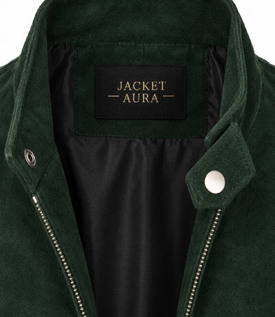 Women's Forest Green Suede Bomber Jacket Collar - Jacket Aura