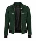 Women's Forest Green Suede Bomber Jacket Front - Jacket Aura