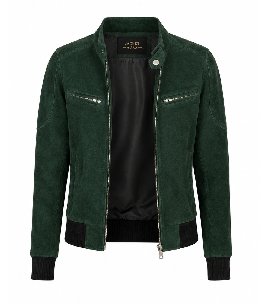 Women's Forest Green Suede Bomber Jacket Front - Jacket Aura