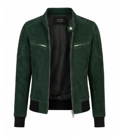 Women's Forest Green Suede Bomber Jacket Front - Jacket Aura