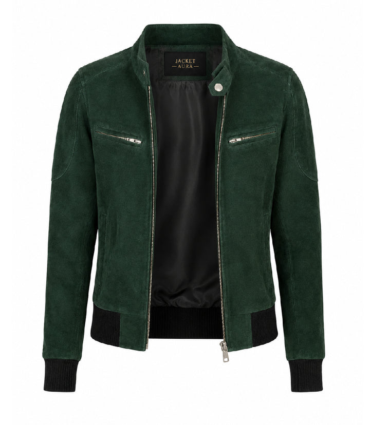 Women's Forest Green Suede Bomber Jacket Front - Jacket Aura