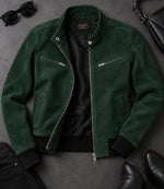 Women's Forest Green Suede Bomber Jacket Front View - Jacket Aura