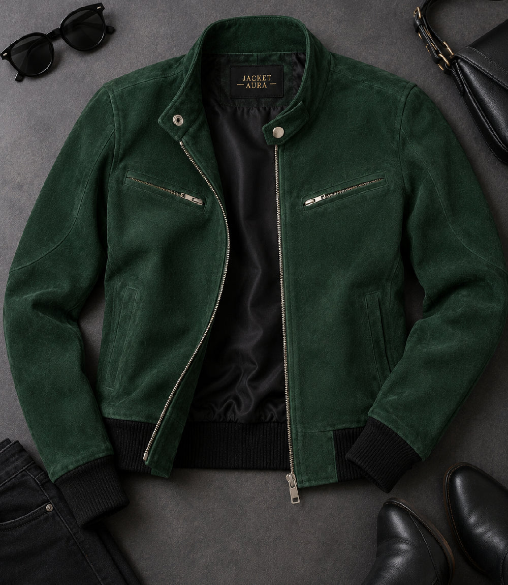 Women's Forest Green Suede Bomber Jacket Front View - Jacket Aura