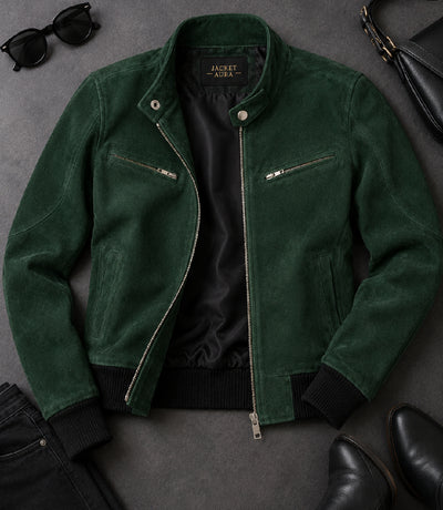 Women's Forest Green Suede Bomber Jacket Front View - Jacket Aura