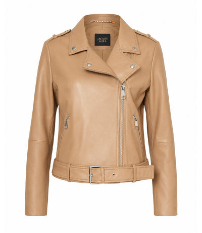 Women's Light Brown Leather Biker Jacket - Jacket Aura
